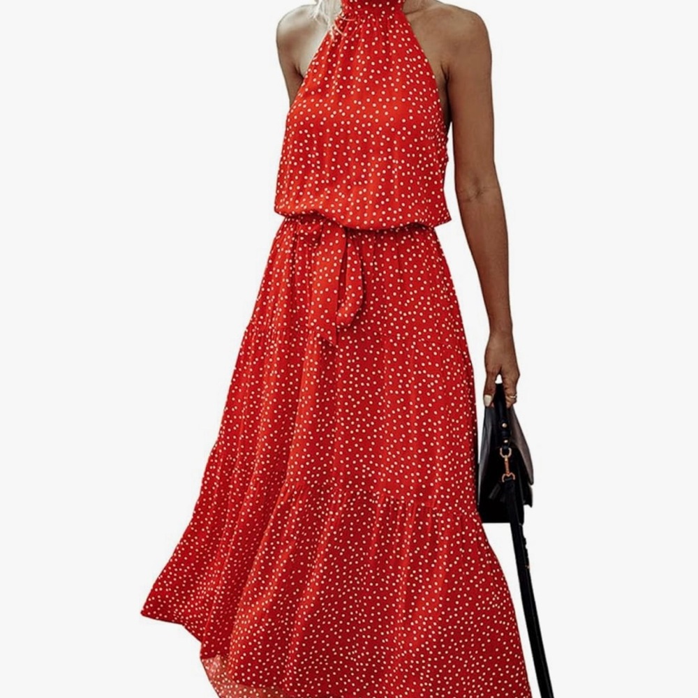 Elegant Orange Maxi Halter Dress with Cream Polka Dots - size L
